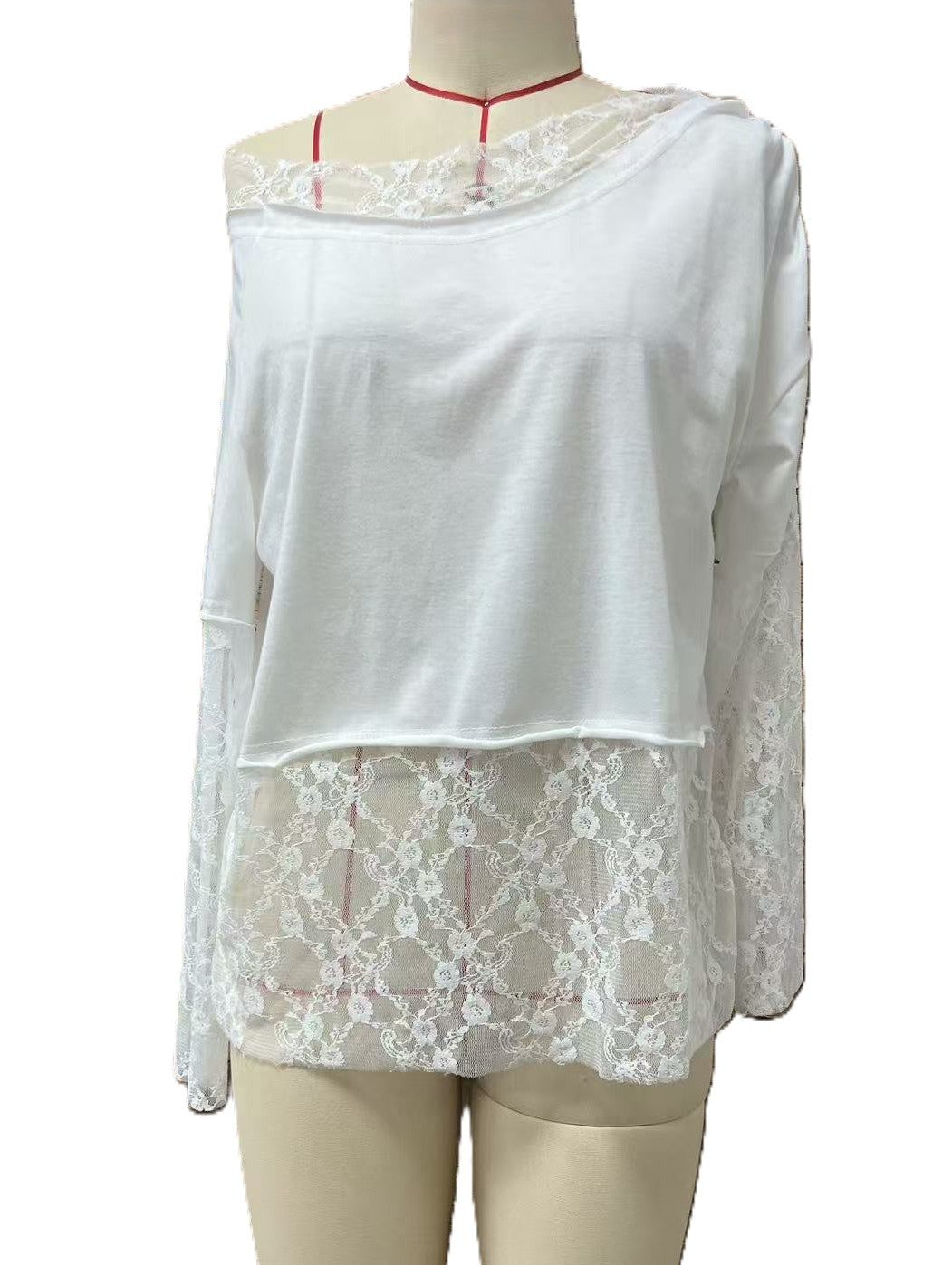 Lace Trim Off Shoulder Long Sleeve Tee - view 1