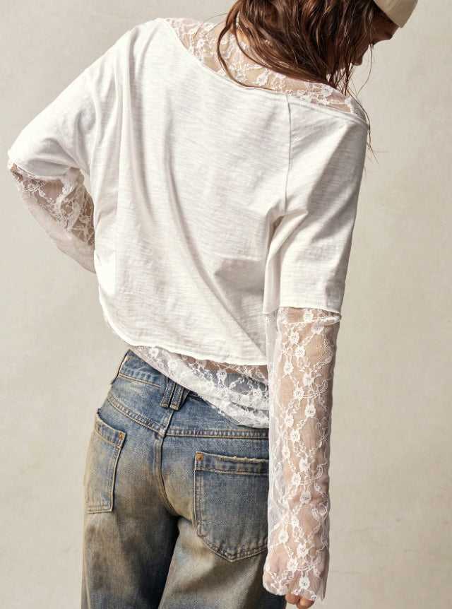 Lace Trim Off Shoulder Long Sleeve Tee - view 2
