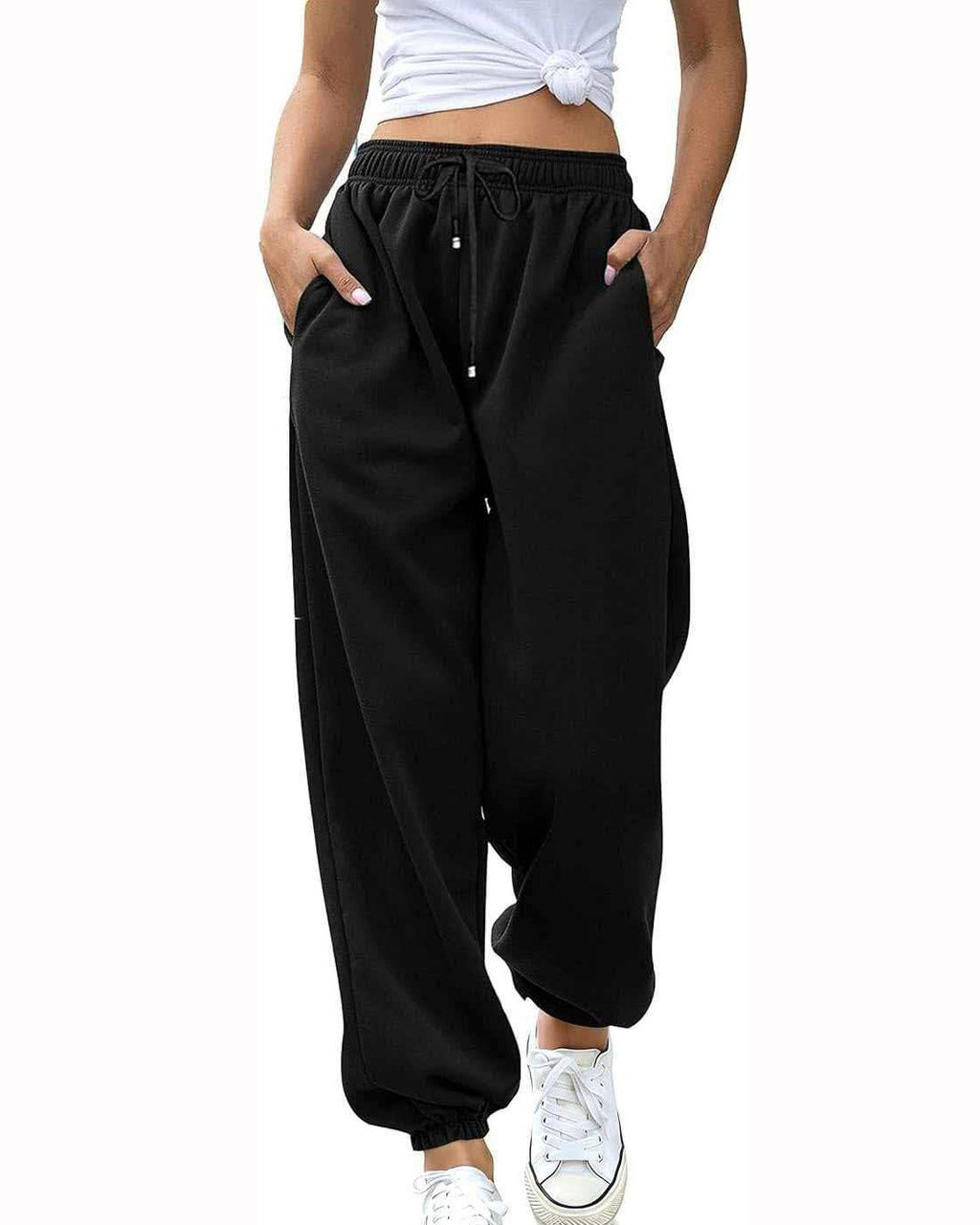 Cuffed Sweatpants With Elastic Drawstring Waist - Black