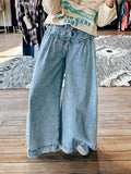 Pleated Button Fly Extra Wide Leg Jeans - Blue