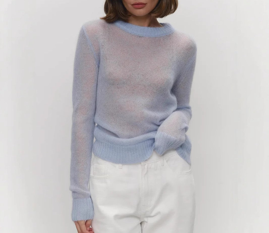 Lightweight Sheer Crewneck Knit Top - Blue