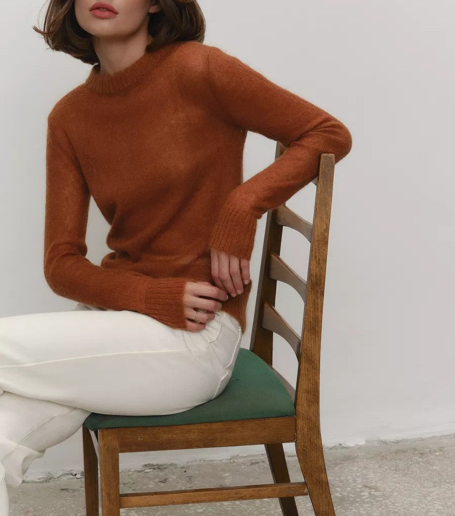 Lightweight Sheer Crewneck Knit Top - Caramel