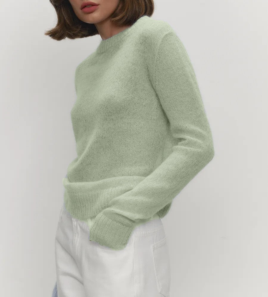 Lightweight Sheer Crewneck Knit Top - Green