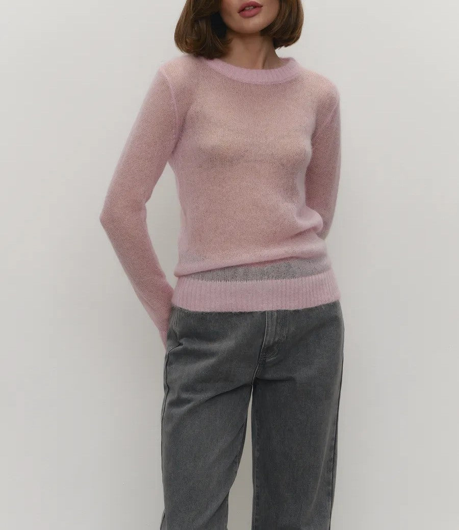 Lightweight Sheer Crewneck Knit Top - Pink