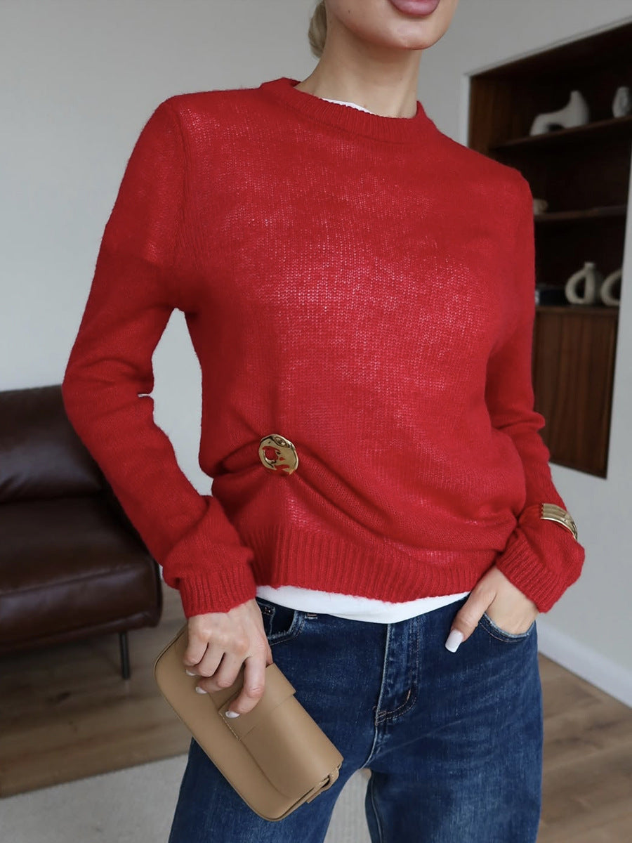 Lightweight Sheer Crewneck Knit Top - Red