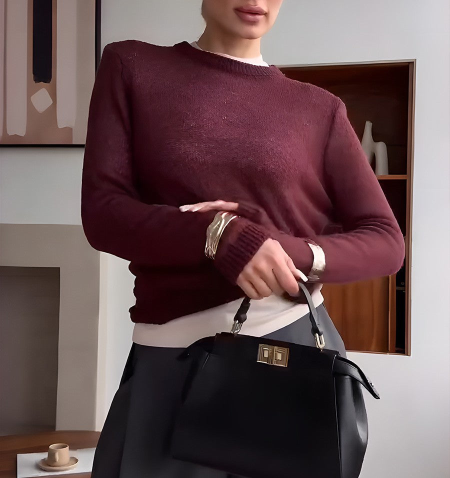 Lightweight Sheer Crewneck Knit Top - WineRed