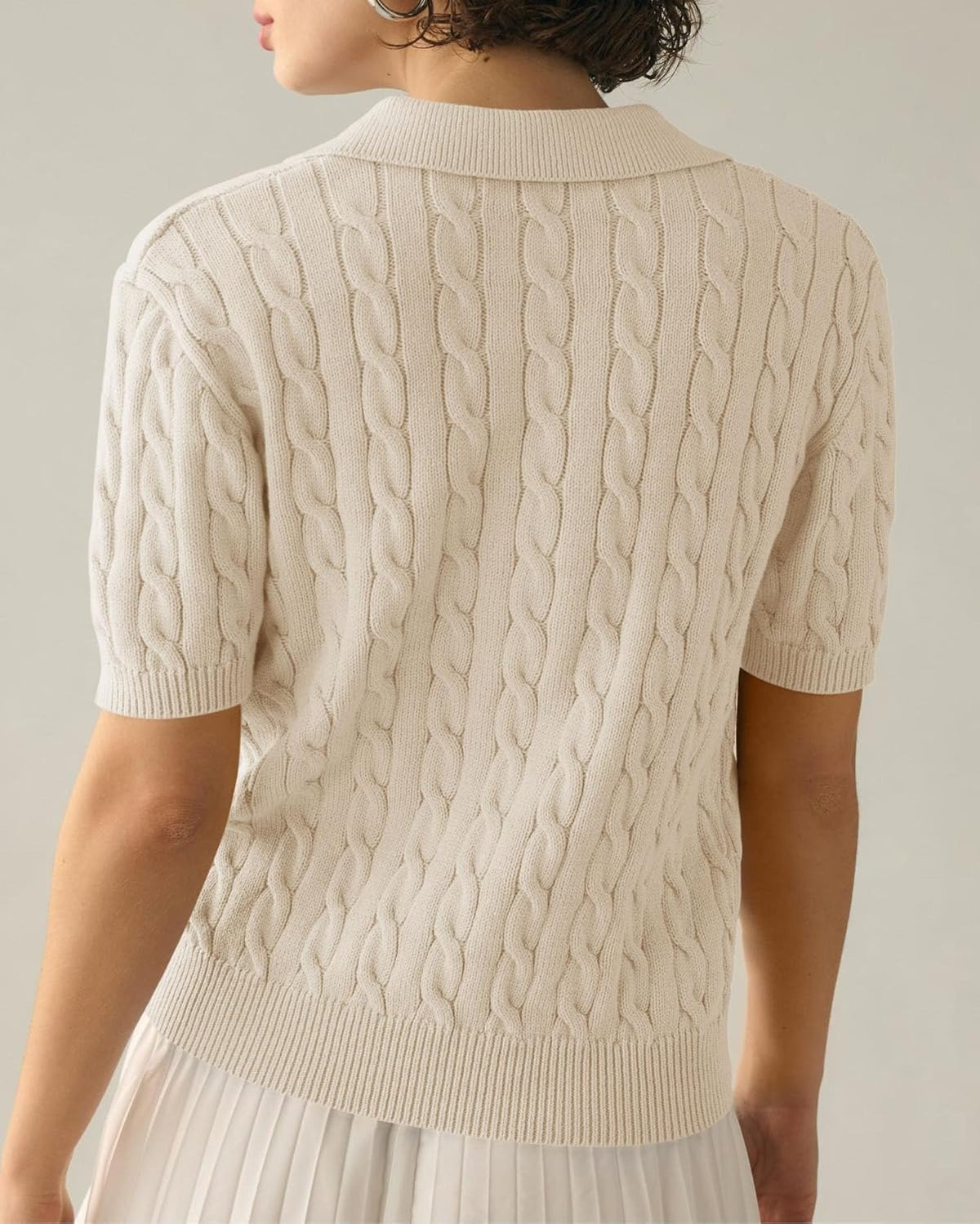 Cable Knit Open Collar Short Sleeve Polo - Apricot - 1