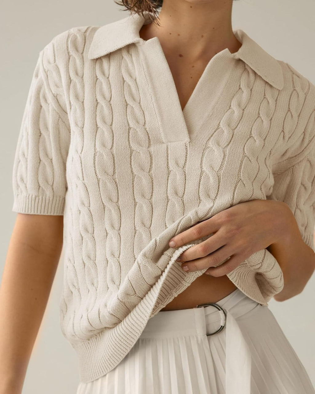 Cable Knit Open Collar Short Sleeve Polo - Apricot - 2