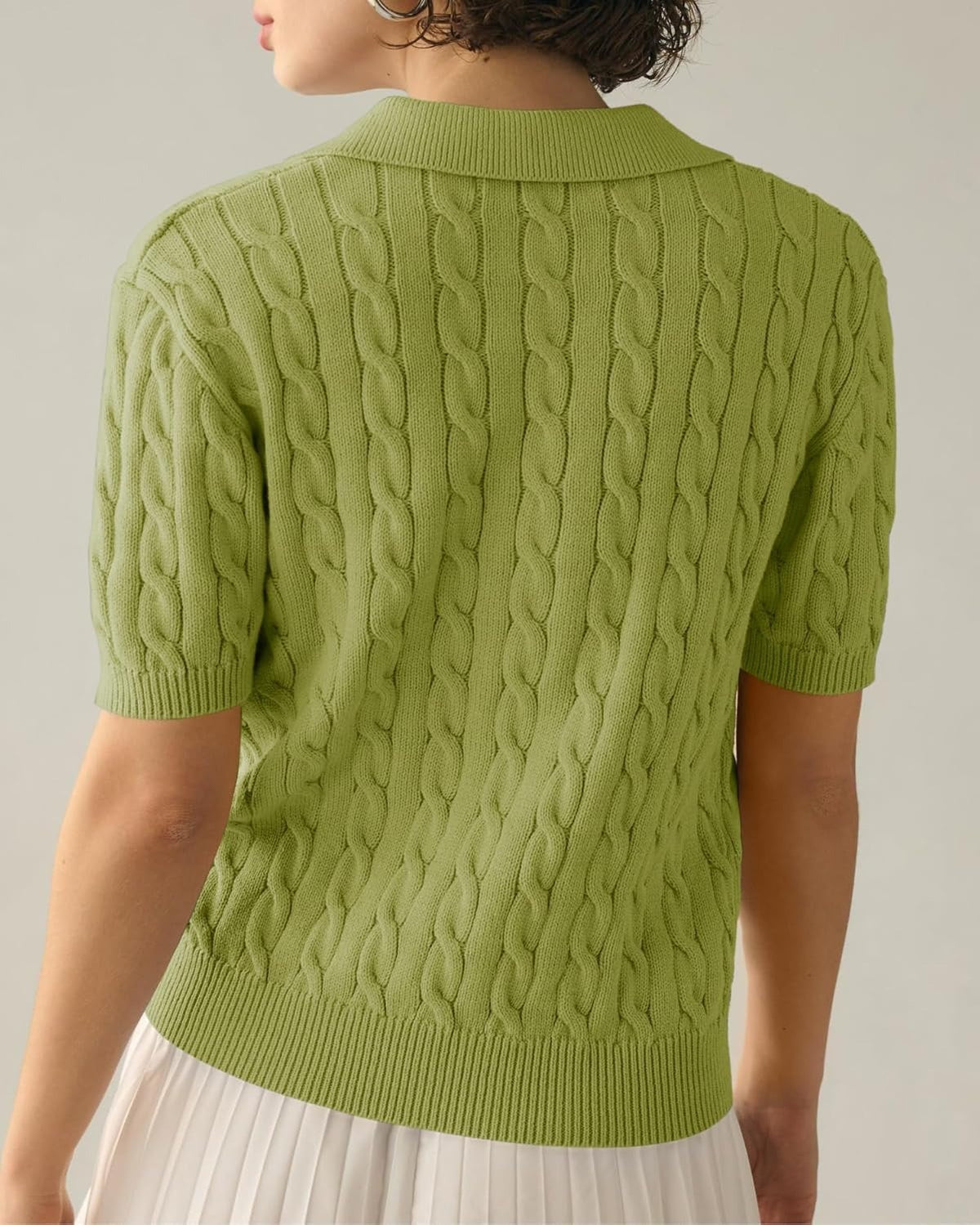 Cable Knit Open Collar Short Sleeve Polo - Avocado - 1