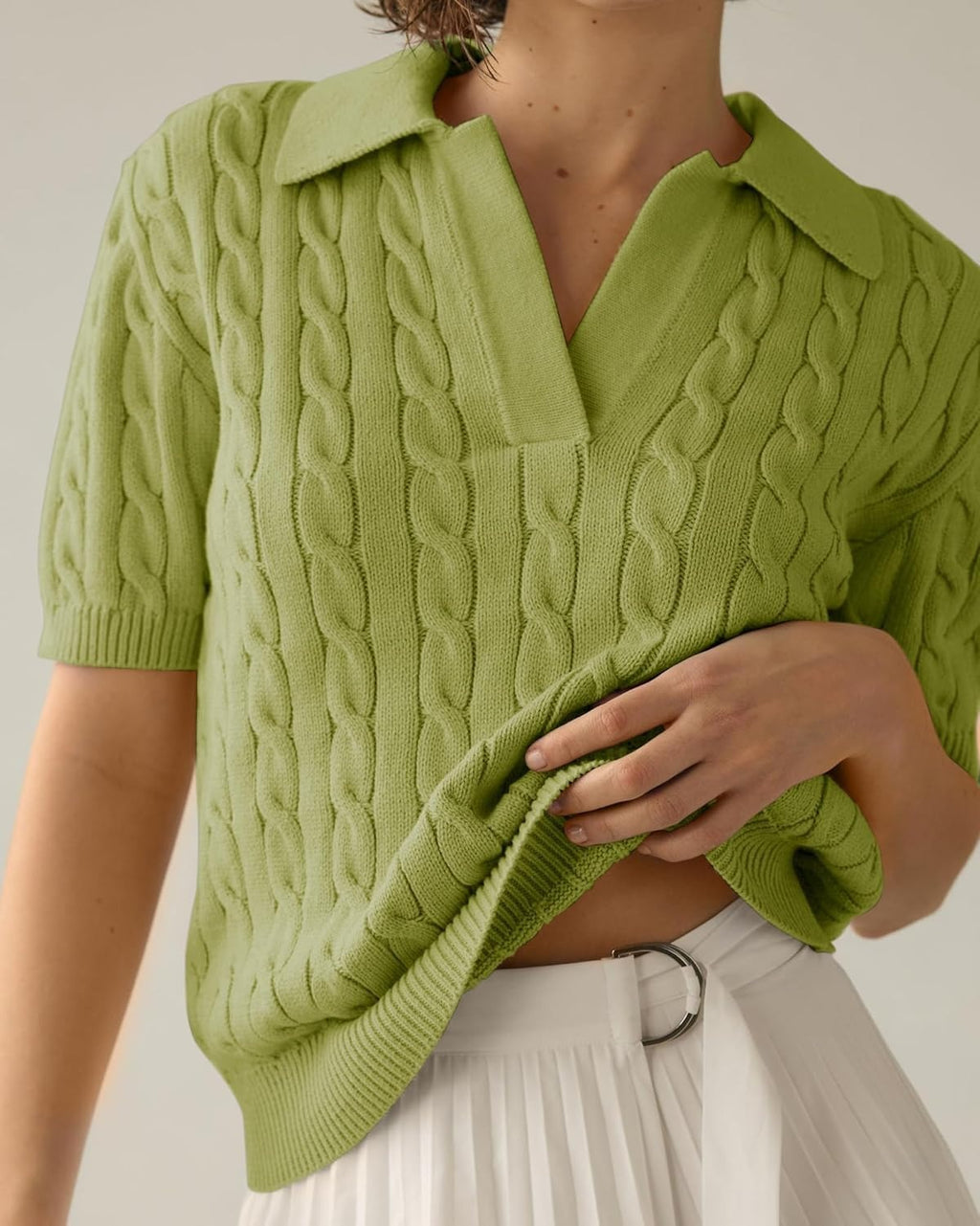 Cable Knit Open Collar Short Sleeve Polo - Avocado - 2