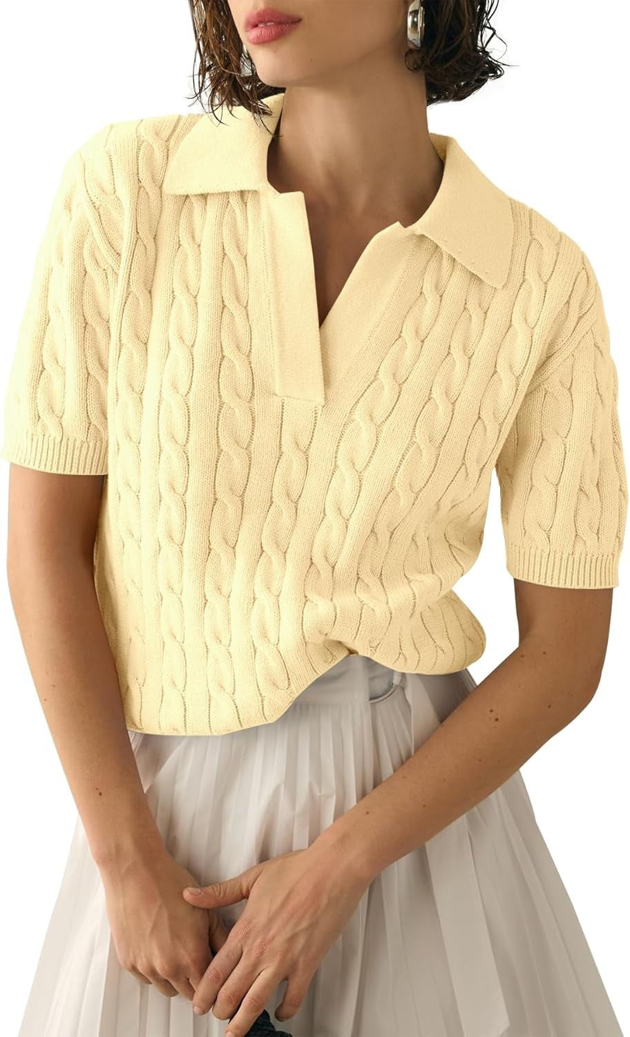 Cable Knit Open Collar Short Sleeve Polo - Beige