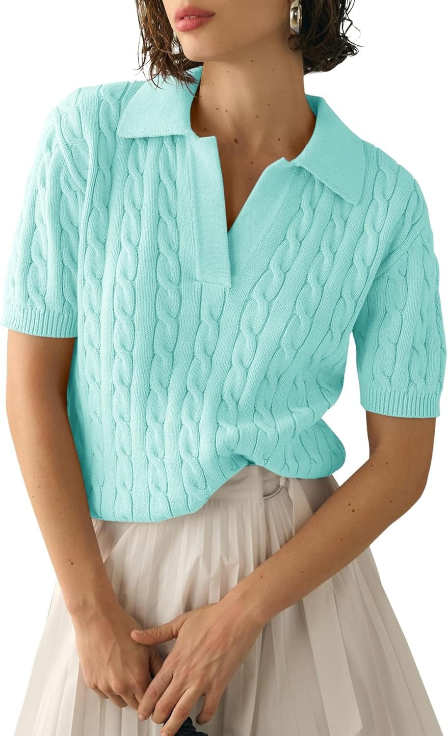 Cable Knit Open Collar Short Sleeve Polo - Blue
