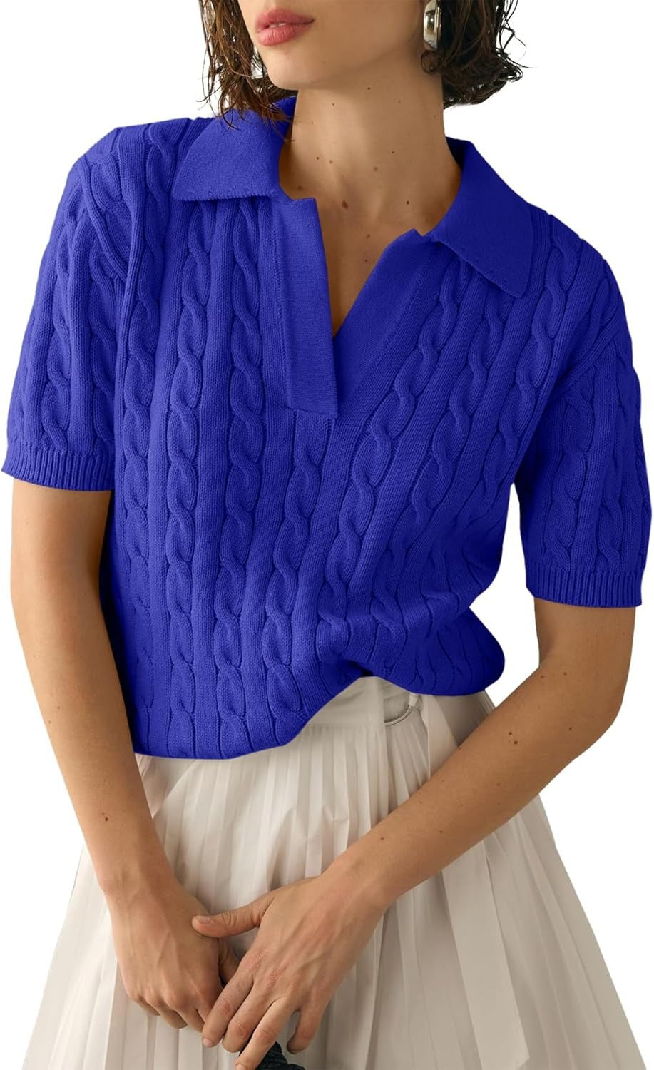 Cable Knit Open Collar Short Sleeve Polo - DarkBlue