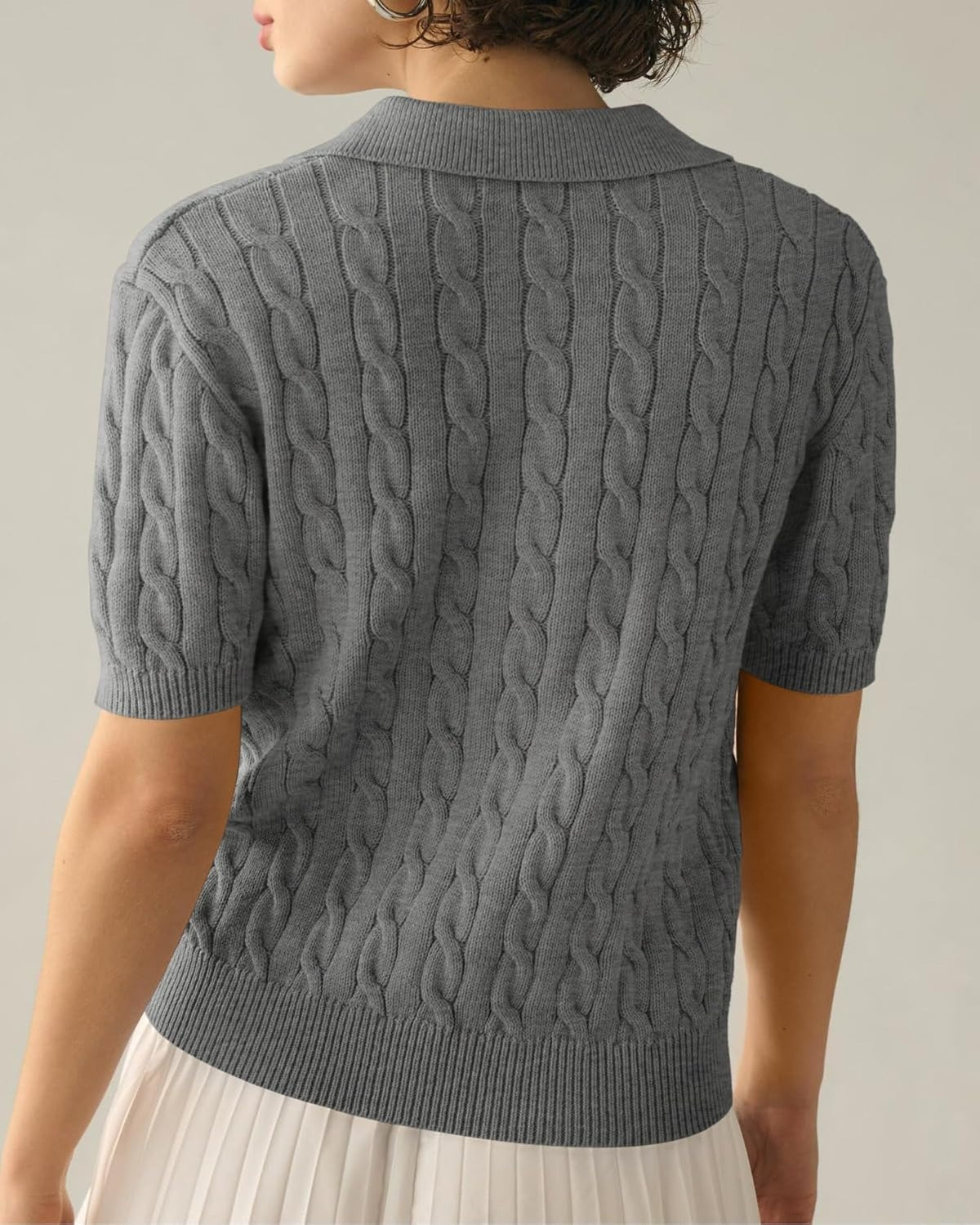 Cable Knit Open Collar Short Sleeve Polo - DarkGray - 1