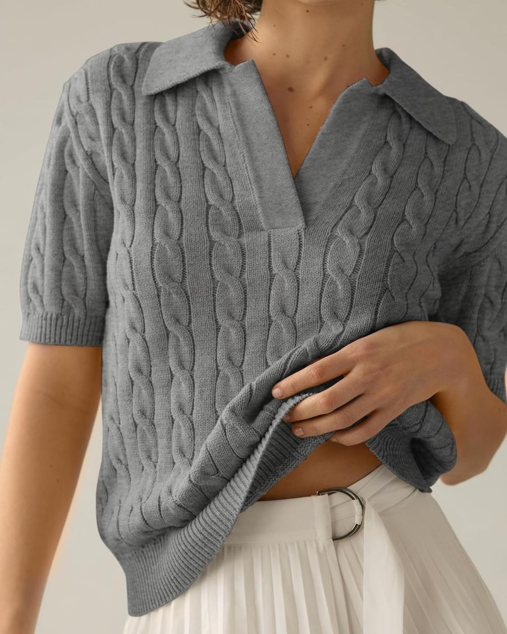 Cable Knit Open Collar Short Sleeve Polo - DarkGray - 2