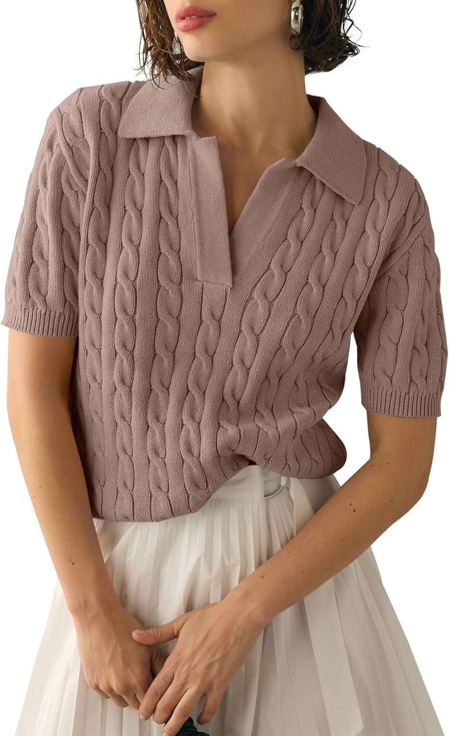 Cable Knit Open Collar Short Sleeve Polo - Khaki