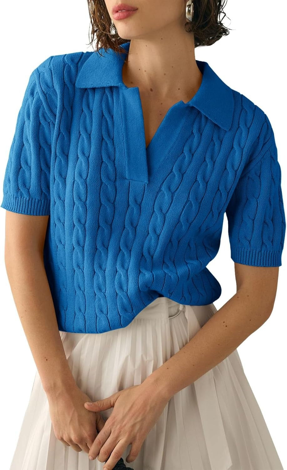 Cable Knit Open Collar Short Sleeve Polo - LakeBlue