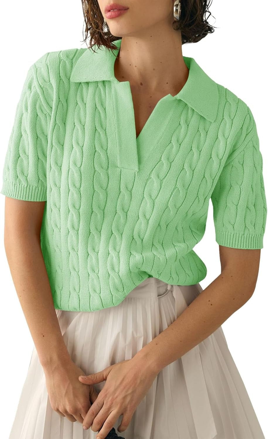 Cable Knit Open Collar Short Sleeve Polo - LightGreen