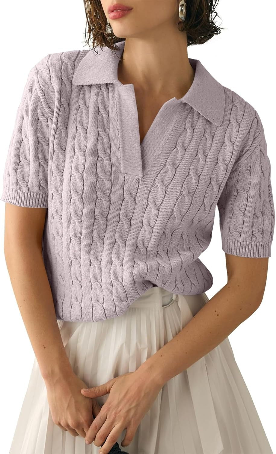 Cable Knit Open Collar Short Sleeve Polo - LightGrey