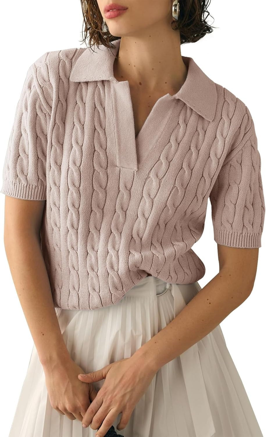 Cable Knit Open Collar Short Sleeve Polo - LightPink