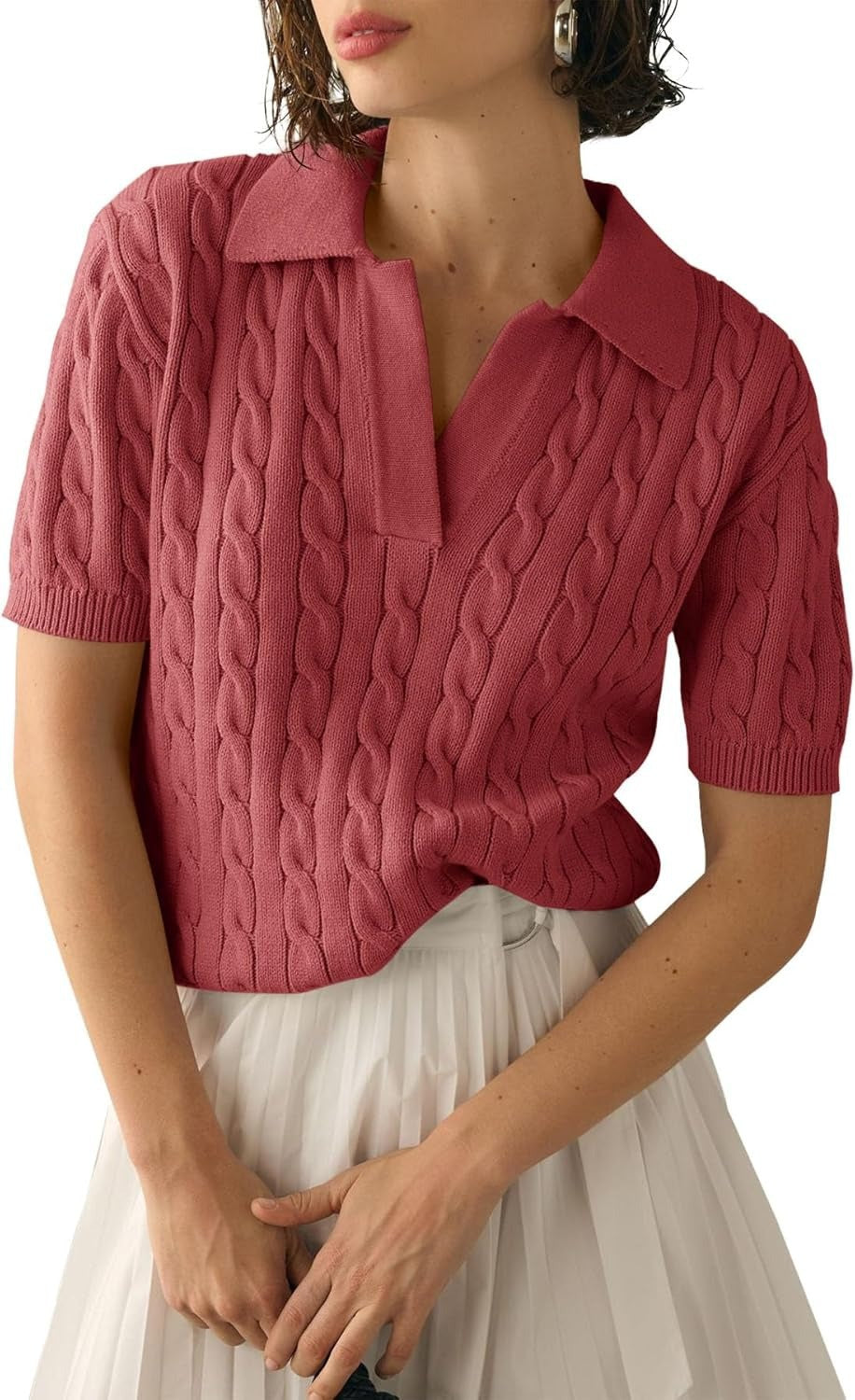 Cable Knit Open Collar Short Sleeve Polo - LightRed