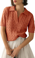 Cable Knit Open Collar Short Sleeve Polo - Orange