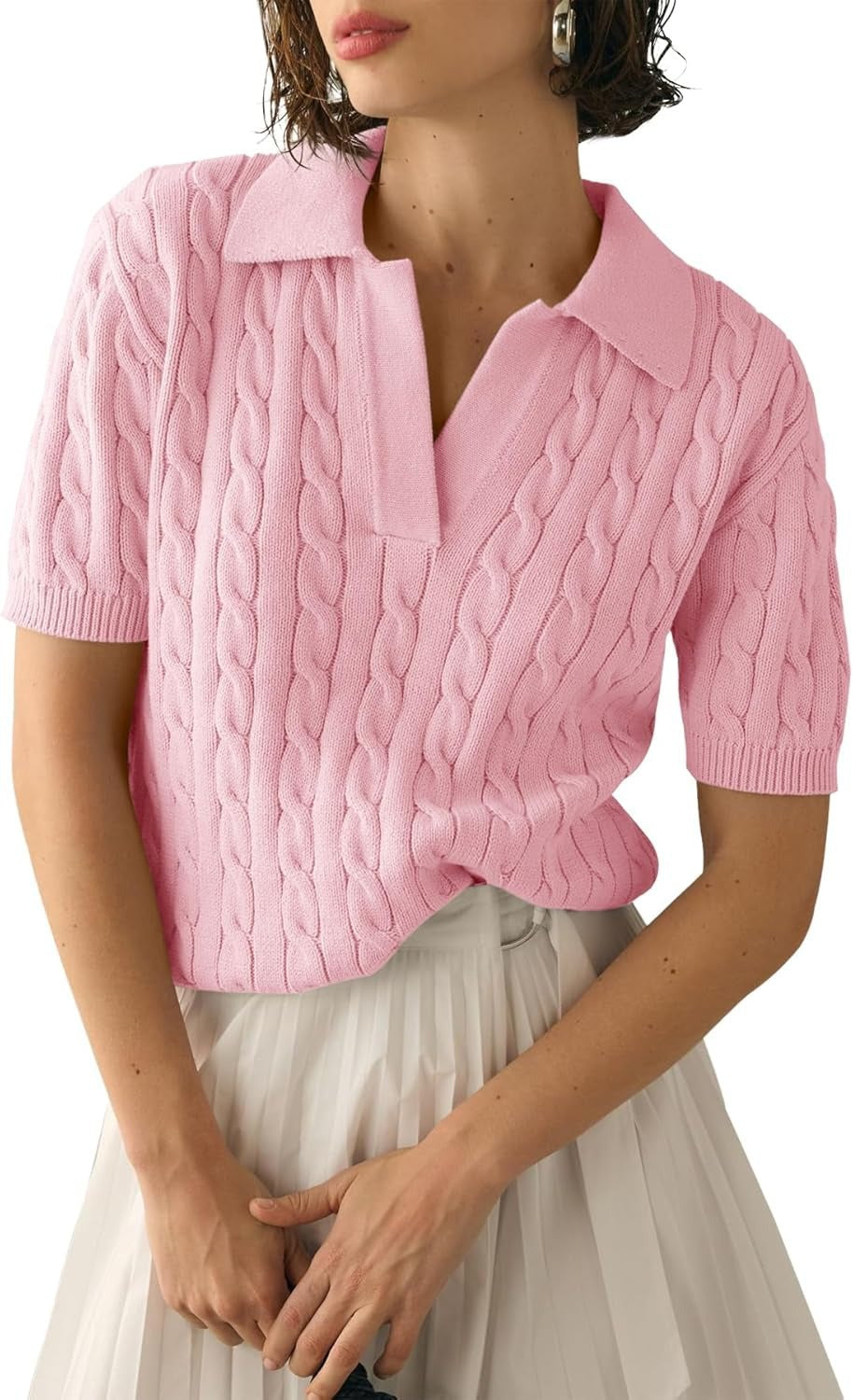 Cable Knit Open Collar Short Sleeve Polo - Pink