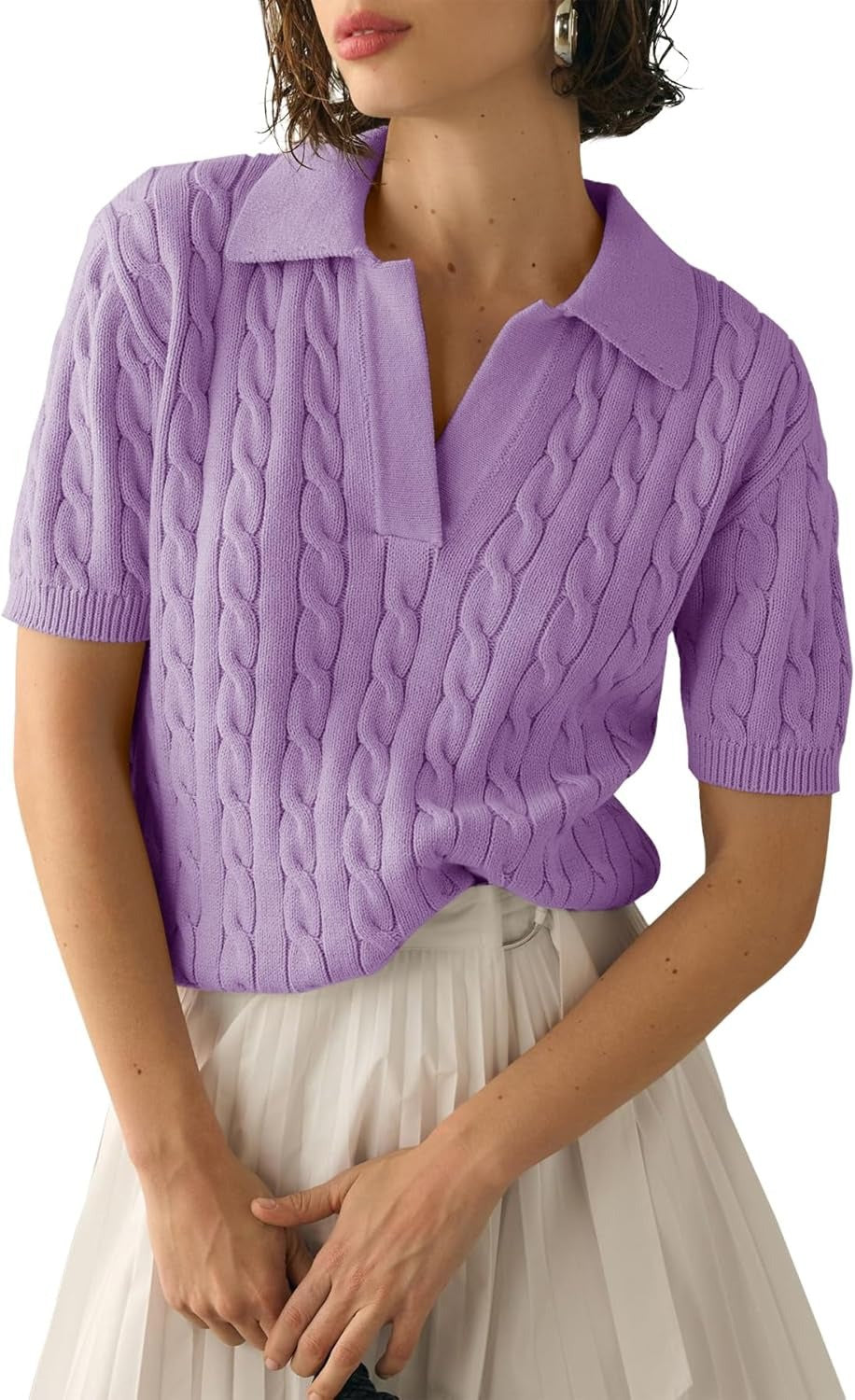 Cable Knit Open Collar Short Sleeve Polo - Purple