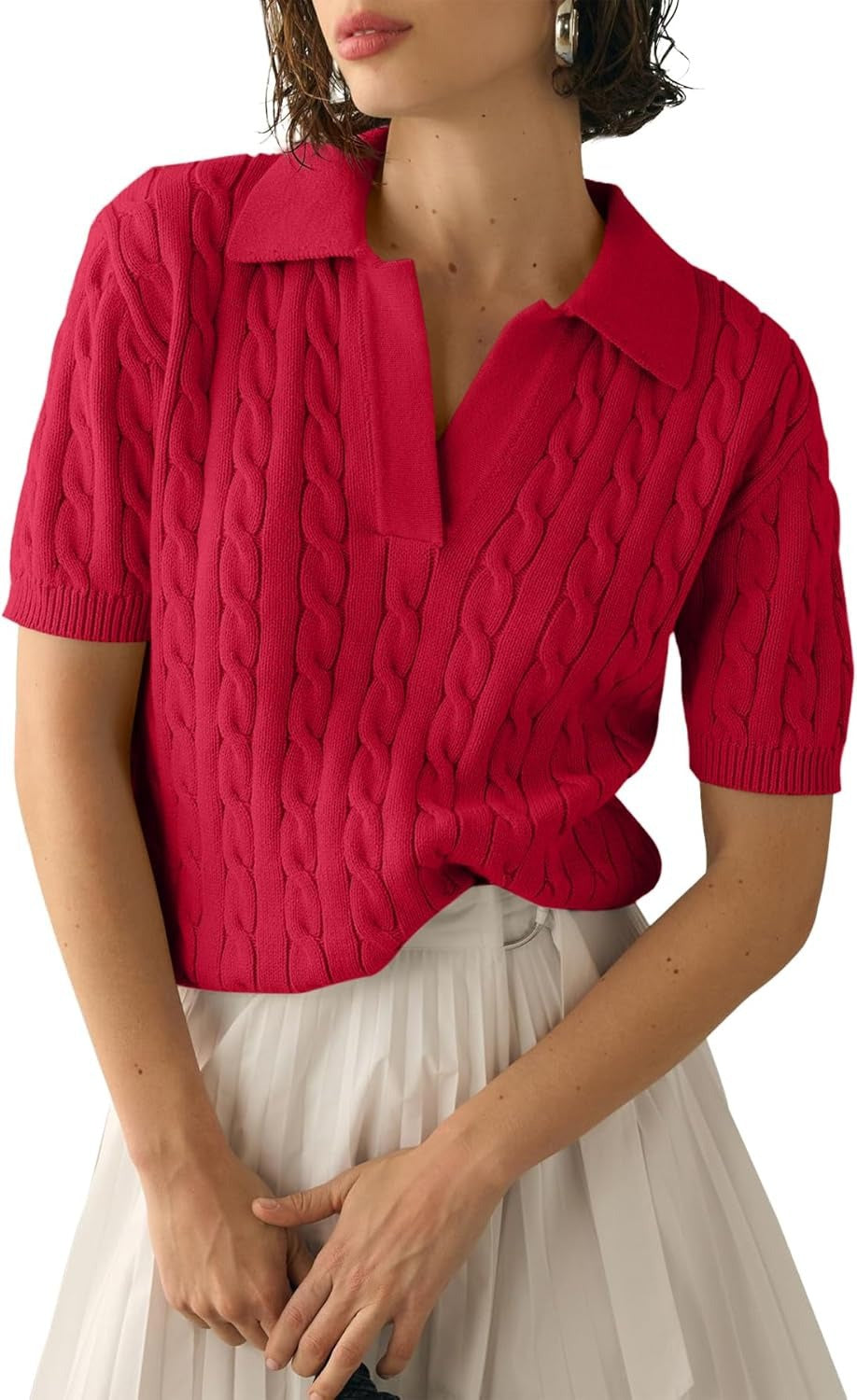 Cable Knit Open Collar Short Sleeve Polo - Red