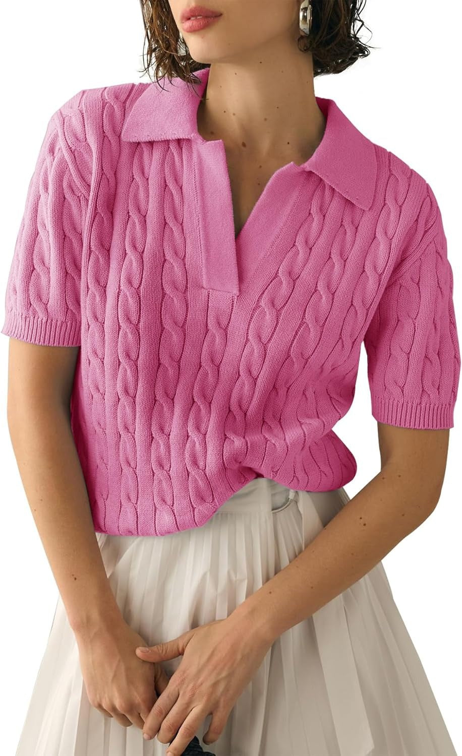 Cable Knit Open Collar Short Sleeve Polo - Rose