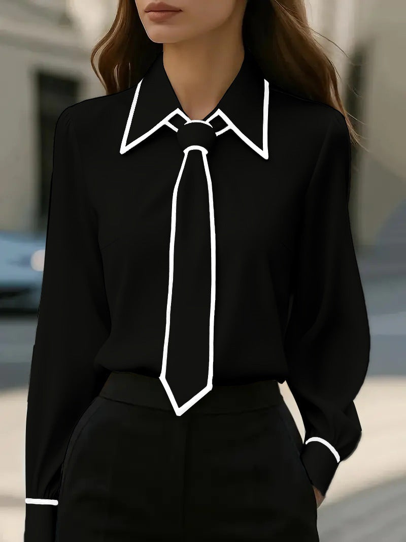 Contrast Piped Collar Necktie Shirt - Black