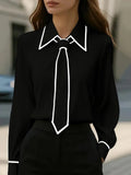 Contrast Piped Collar Necktie Shirt - Black