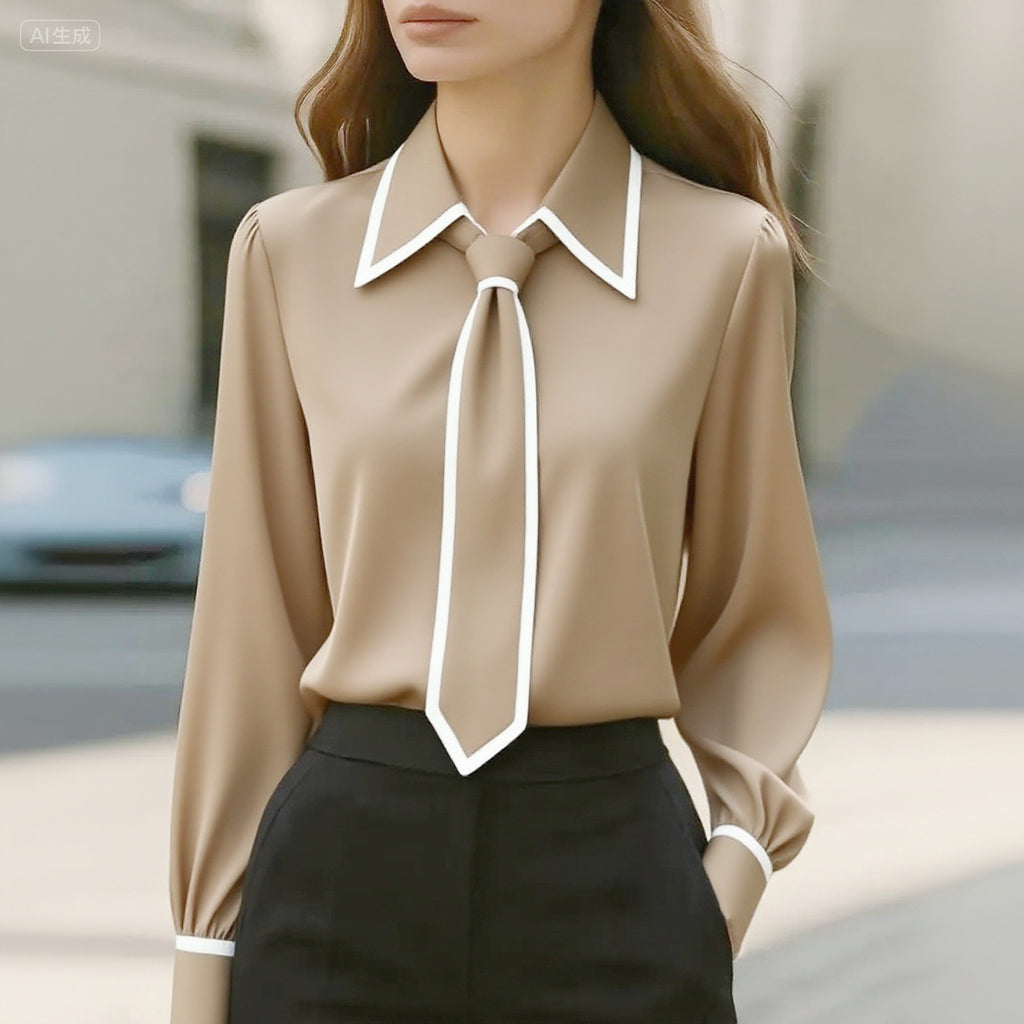 Contrast Piped Collar Necktie Shirt - Khaki