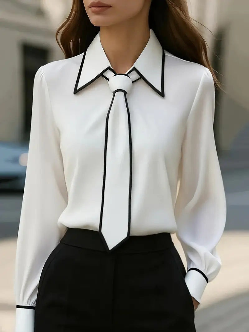 Contrast Piped Collar Necktie Shirt - White