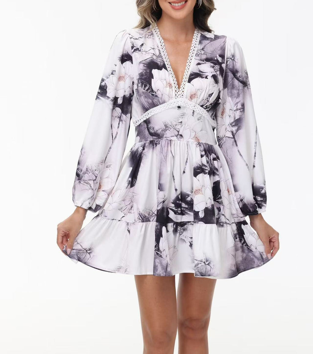 Balloon Sleeve Floral Ruffle Mini Dress - Black
