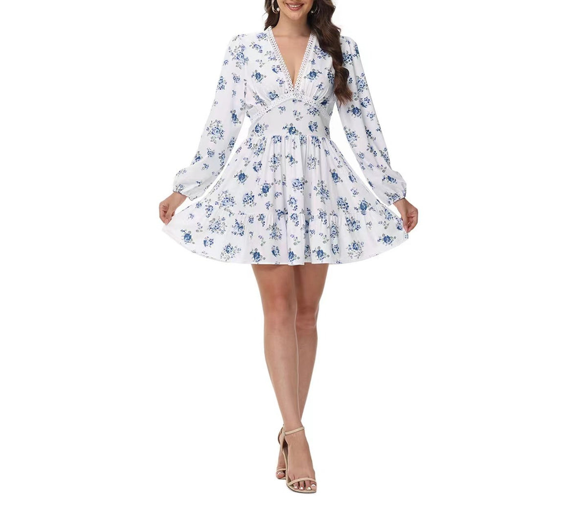 Balloon Sleeve Floral Ruffle Mini Dress - Blue_Rose