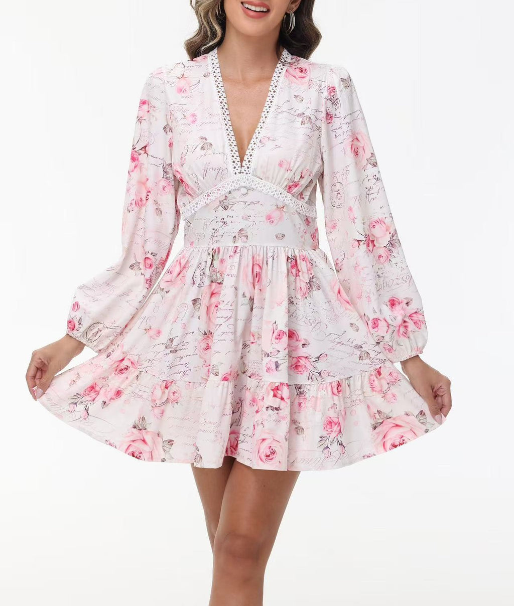 Balloon Sleeve Floral Ruffle Mini Dress - Pink_Rose