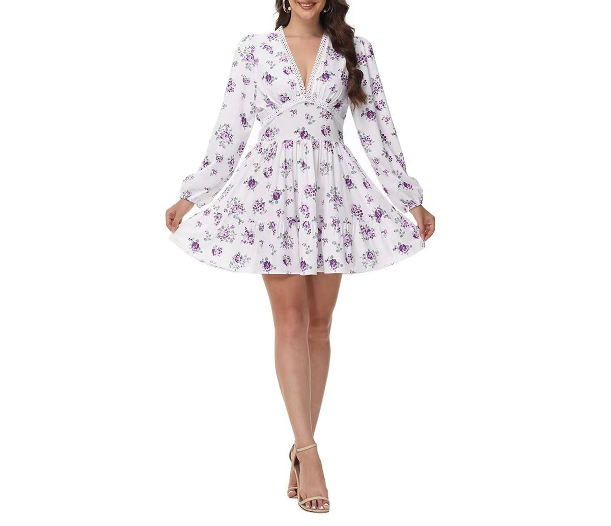 Balloon Sleeve Floral Ruffle Mini Dress - Purple