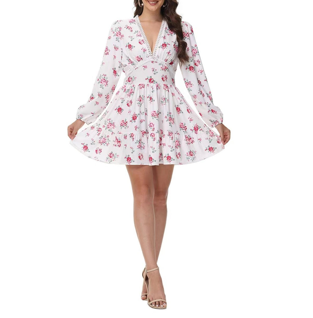 Balloon Sleeve Floral Ruffle Mini Dress - Red_Rose