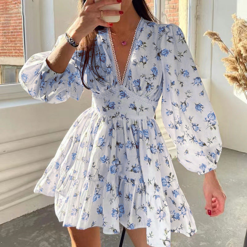 Balloon Sleeve Floral Ruffle Mini Dress - blue