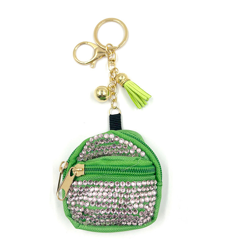 Rhinestone Mini Backpack Bag Charm Keychain - Green