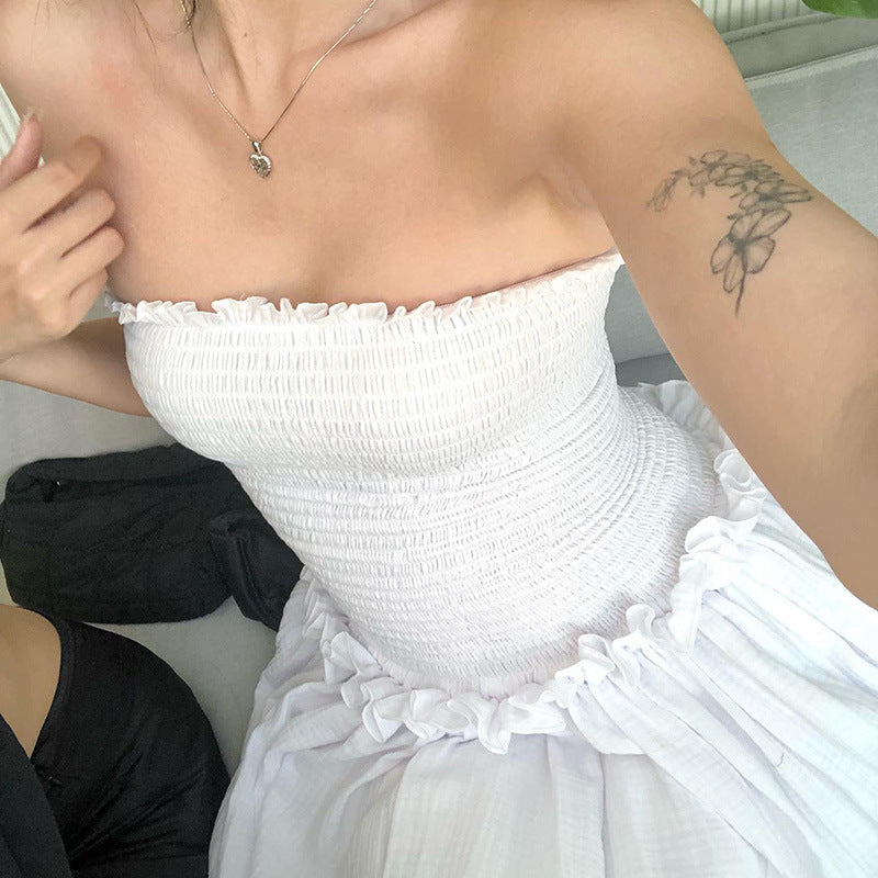 Shirred Strapless Ruffle Tiered Midi Dress - White