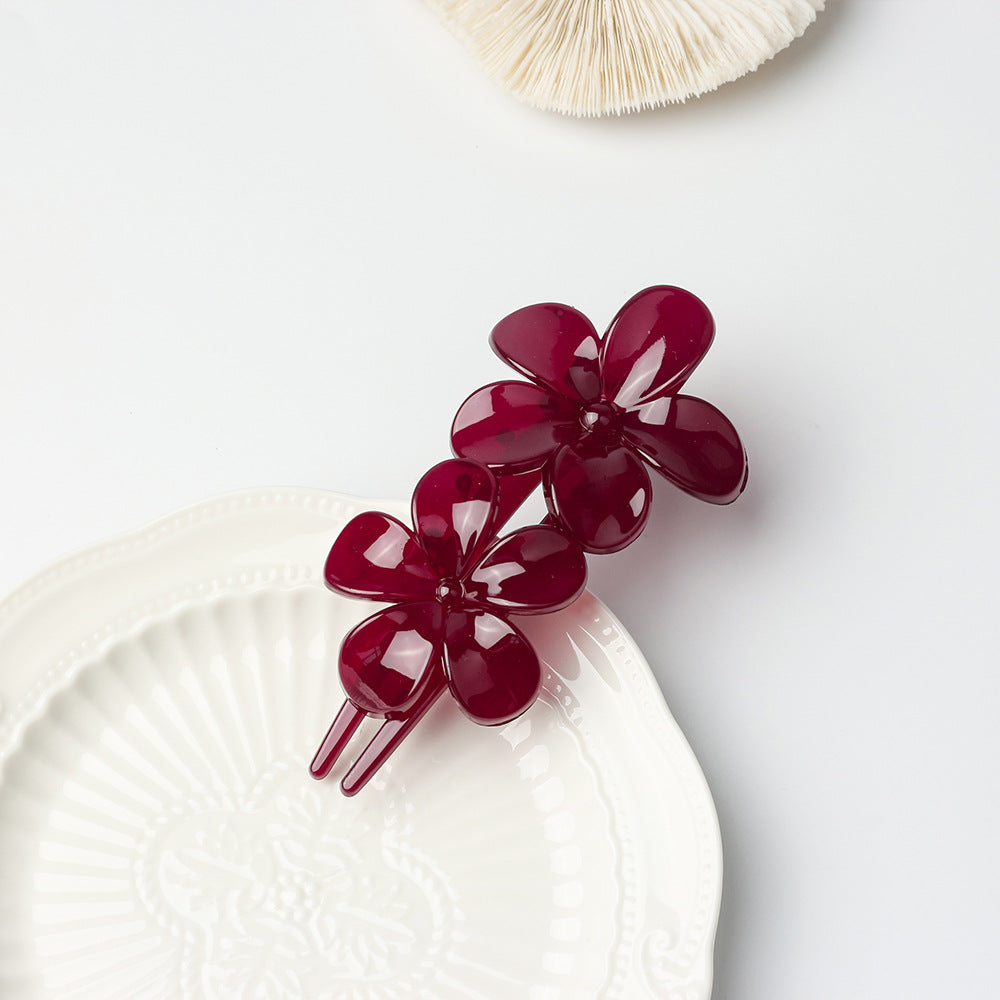 Translucent Double Flower Hair Claw Clip - Wine-Red