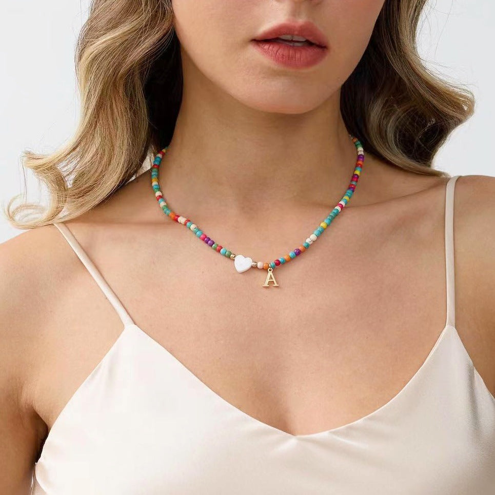 Boho Rainbow Beaded Initial Necklace with Heart Charm