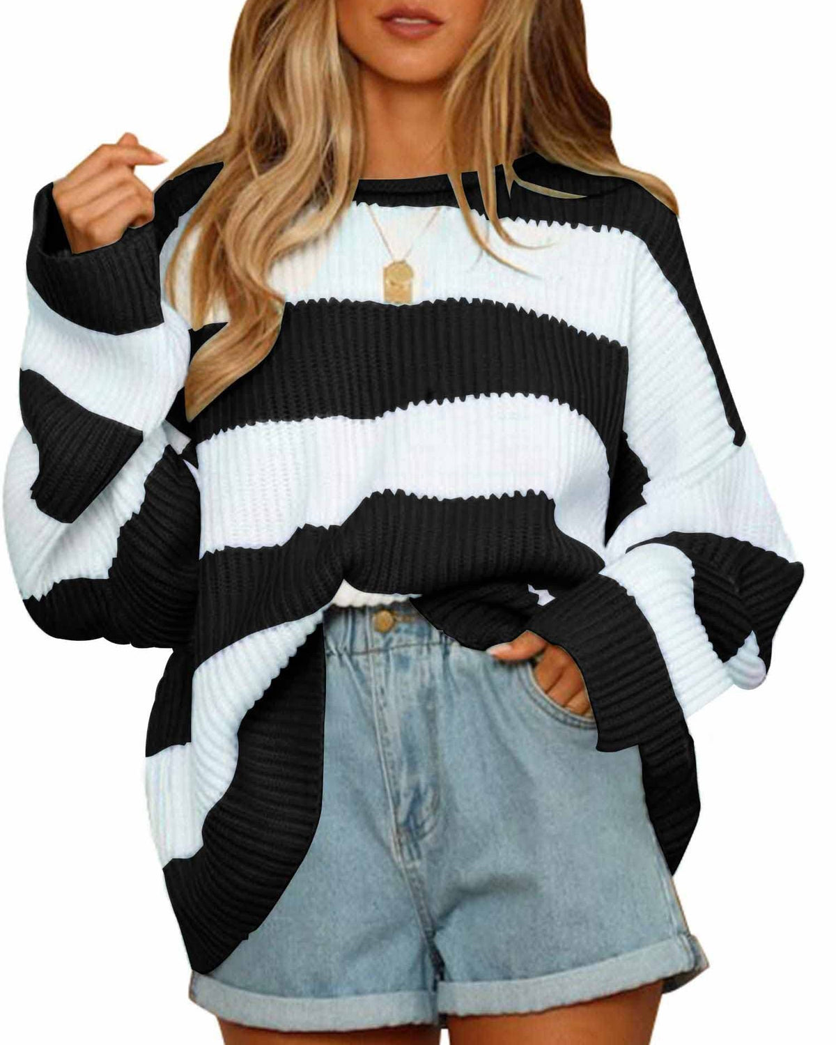 Oversized Rugby Stripe Drop Shoulder Sweater - Black