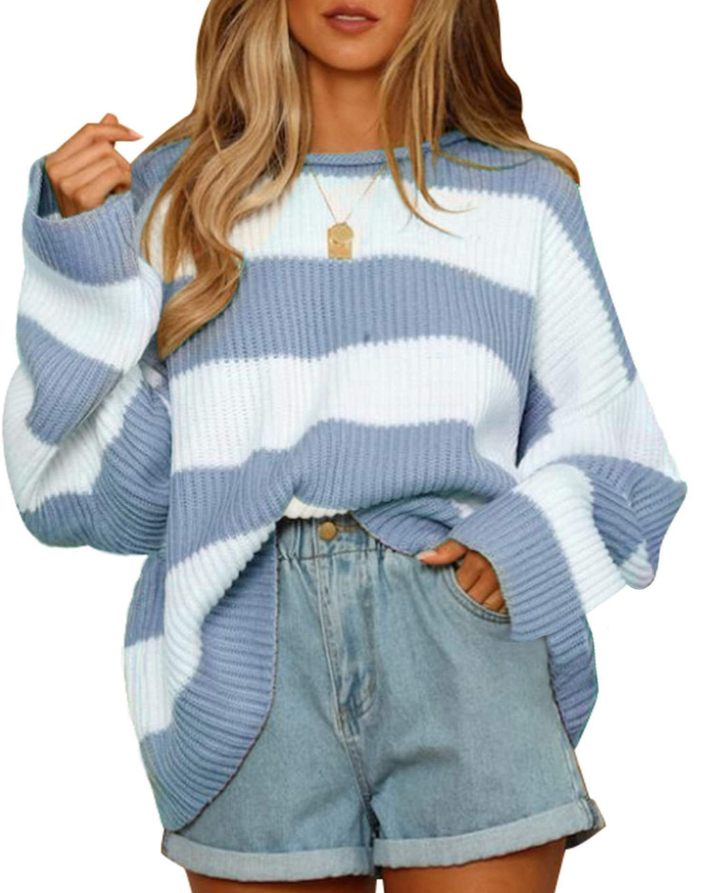 Oversized Rugby Stripe Drop Shoulder Sweater - Blue