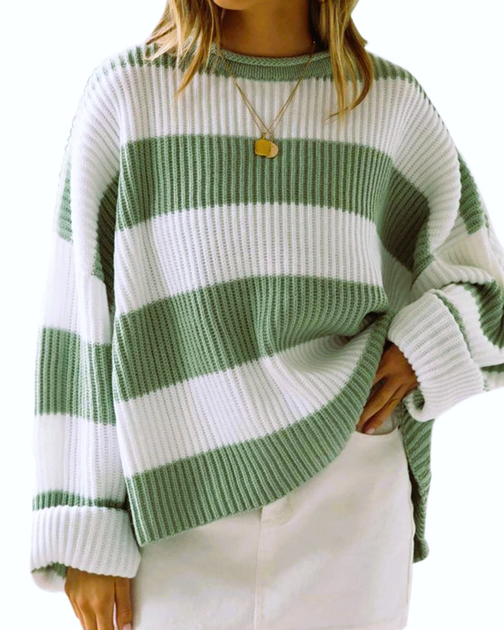 Oversized Rugby Stripe Drop Shoulder Sweater - Green