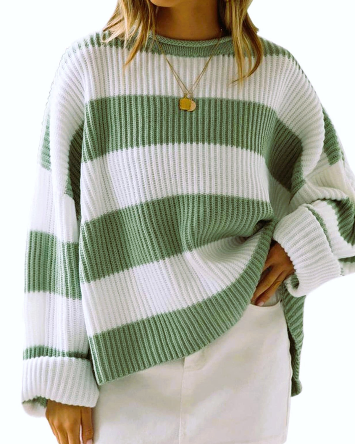 Oversized Rugby Stripe Drop Shoulder Sweater - Green