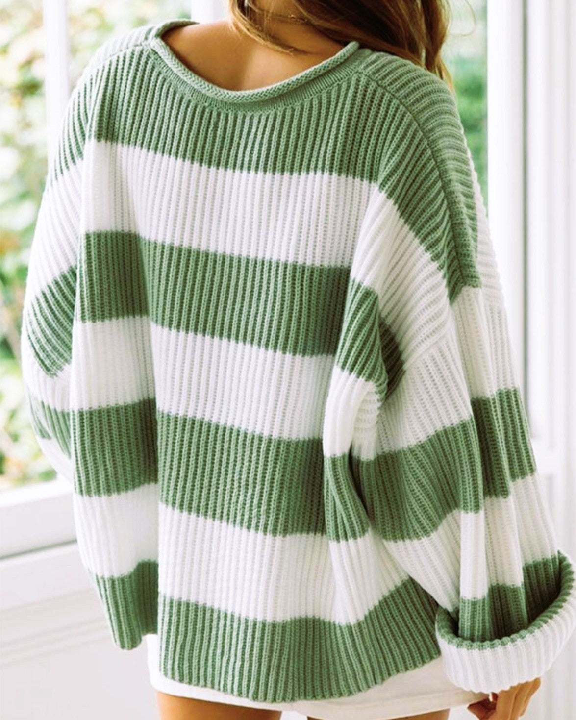 Oversized Rugby Stripe Drop Shoulder Sweater - Green - 1