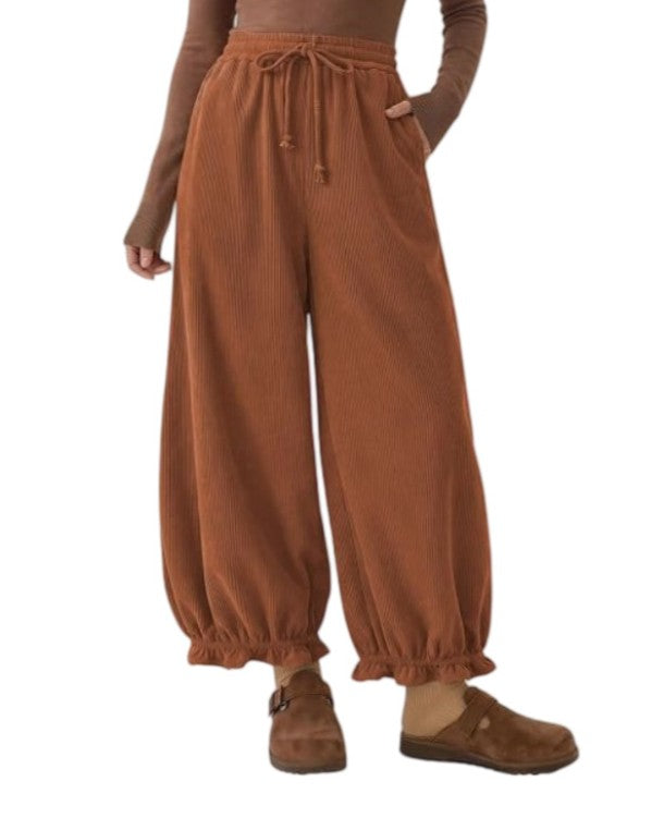 Corduroy Drawstring Ruffle Cuff Balloon Pants - Dark_Brown